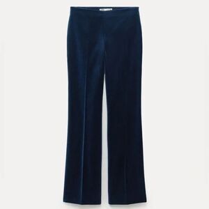 Navy Blue ZARA Velvet High-Waisted Straight Leg Trousers Pants (NWT)